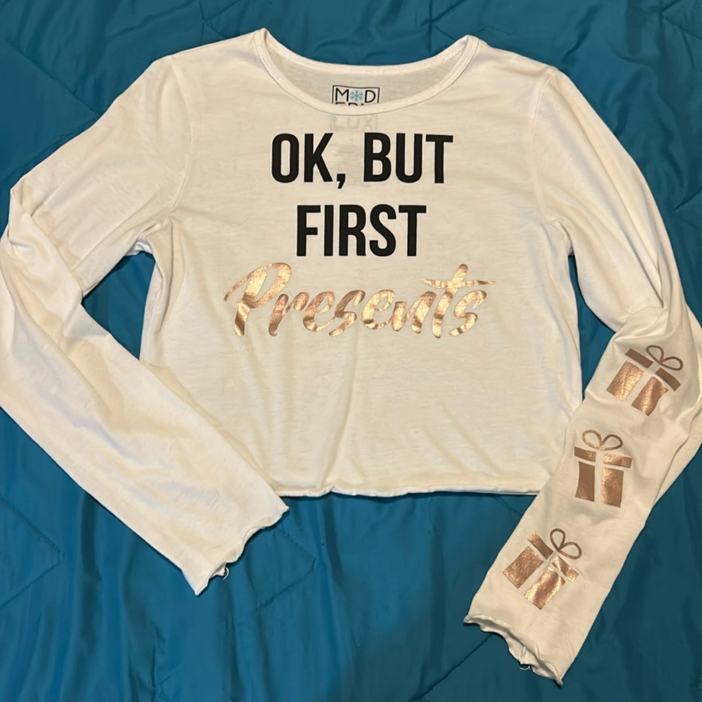 Modern Lux But First Presents Long Sleeve White Cropped Tee